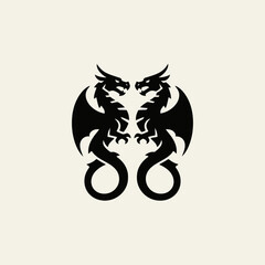 Fototapeta premium Two black mythical dragons facing each other in a symmetrical, minimalist design on a light background.