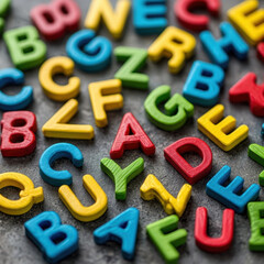 Fototapeta premium Colorful alphabet letters scattered on textured surface create playful and educational theme. vibrant mix of red, blue, green, and yellow letters adds cheerful and engaging atmosphere