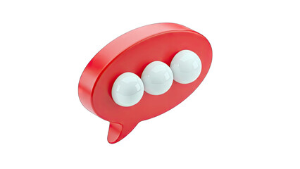 Red Speech Bubble Icon with Three White Spheres Representing Message Bubbles on a Transparent Background Minimalist 3D Rendering Communication Concept