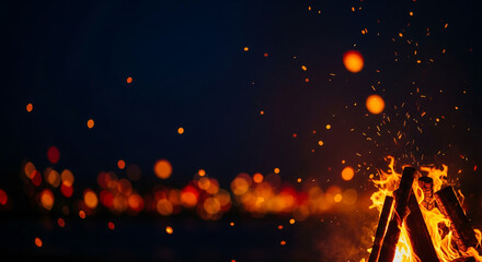 Burning wood creates warm light and sparks against dark background, evoking feelings of warmth, relaxation, and connection, perfect for outdoor themed concept