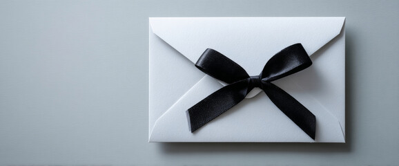 White envelope with elegant black satin ribbon bow on gray background, minimalistic composition with soft lighting and shadow