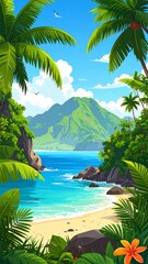 Tropical beach scene framed by palm trees (1)