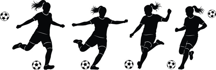 Female soccer player silhouettes, women athletes kicking ball, dynamic football action poses, sports training illustration for fitness concepts, competitive game movement vector artwork © Masuduzzaman