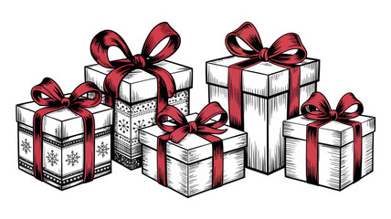 Collection of hand-drawn gift boxes with red ribbons festive holiday presents illustration for Christmas and New Year celebrations isolated on white