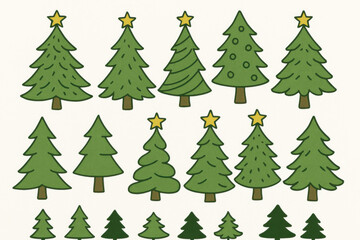 Fototapeta premium Christmas Tree drawing clipart set. Christmas tree flat icon hand drawn and doodle design clip art collection with green and yellow star decoration elements for December celebration vector