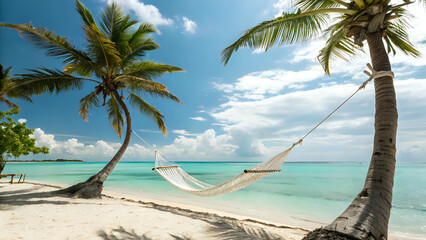 Fototapeta premium Hammock tied between two palm trees, turquoise sea in background, bright sunny sky, relaxing vacation scene