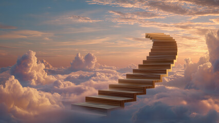 Surreal Wooden Stairway Rising Above Pink Clouds at Sunset Sky © Designbrisa