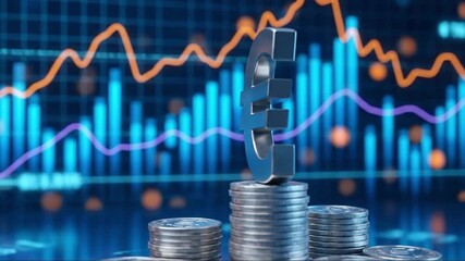 Euro Currency Symbol on Stacked Coins with Digital Financial Market Charts Background, Illustrating European Economy, Investment, and Growth - Powered by Adobe