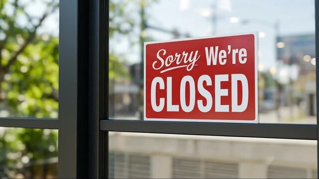 Red 'Sorry We're CLOSED' Sign on Glass Door of a Retail Store or Business Establishment, Indicating Temporary or Permanent Closure