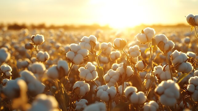 Cotton field at sunset with golden light illuminating the fluffy bolls high resolution image - Powered by Adobe