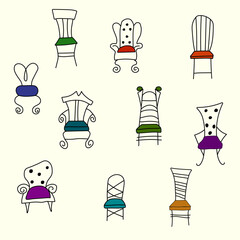 chairs set, doodle chairs, furniture clipart, vector, transparent background