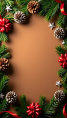 Arrangement of decorations on dark brown background, christmas concept
