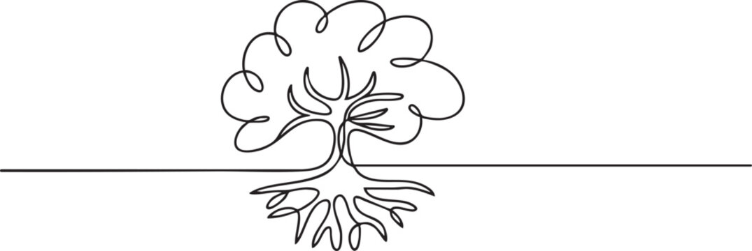 Continuous one-line elegant tree silhouette with wide spreading roots in a minimal style, symbolizing heritage and ancestry, vector illustration