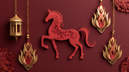 Red Papercut Horse Gold Lanterns Chinese New Year Art