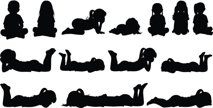 Child development silhouette vector, baby growth stages, crawling, sitting, tummy time, motor skills, black figures, infant movement, early childhood, stock illustration