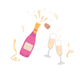 Rose champagne sparkling wine in glasses. Vector illustration isolated on white background. Ideal for party, dating, celebration, holiday designs.