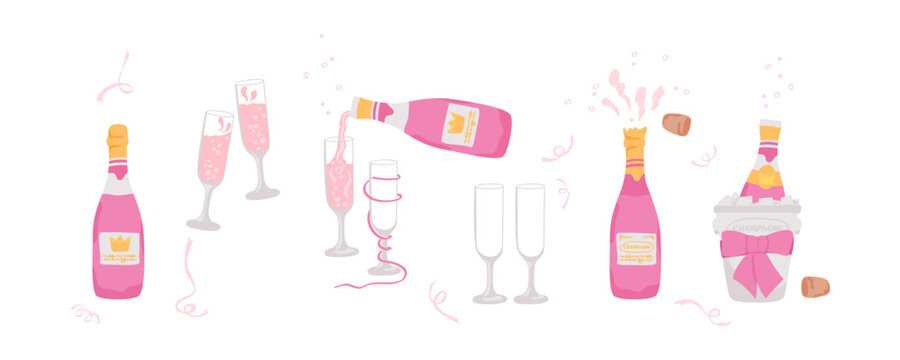 Sparkling wine, champagne bottle, Ice bucket, glasses of champagne isolated on white background. Hand drawn vector illustration set. Festive drink pink collection.
