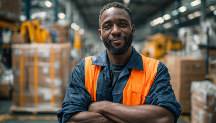 Confident warehouse worker wearing a navy blue uniform and bright orange safety vest standing with arms crossed in an industrial warehouse environment