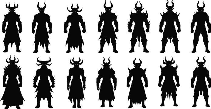 Fantasy warrior silhouette, horned helmet characters, armored figures, mythical fighters, black vector design, character concept, game art, battle pose, minimal style
