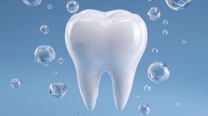A glossy tooth surrounded by bubbles on a blue background, ideal for dental hygiene campaigns, educational materials, or advertising oral care products,