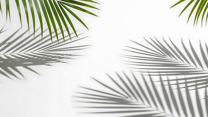 Obraz premium Tropical palm leaves casting long shadows on a pristine white background, creating a minimalist and serene summer natural design.