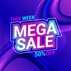 Megasale web banner glow neon design. Marketing promotion ad and liquid gradient background
