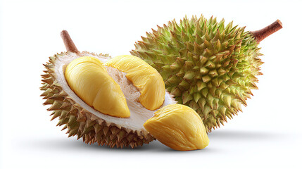 Exotic durian fruit, showing the creamy flesh within its spiky husk