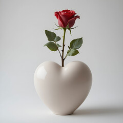 Matte ceramic heart-shaped vase holding a single rose, minimalist romantic design.