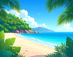 Tropical beach scene framed by palm trees (3)