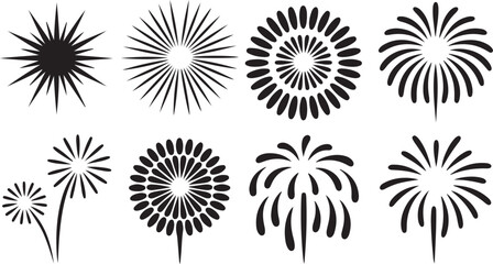 Collection of Eight Black Silhouette Icons of Fireworks and Starbursts on White Background Keywords: fireworks, starburst, explosion, celebration, festive, holiday, event, abstract, graphic © Sabbir Art Express