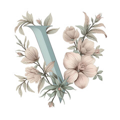Decorative V alphabet letter adorned with delicate floral elements.