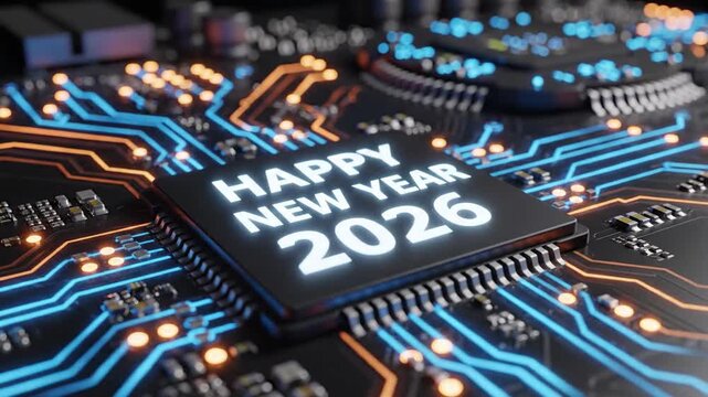 Circuit board with happy new year 2026 text digital technology concept