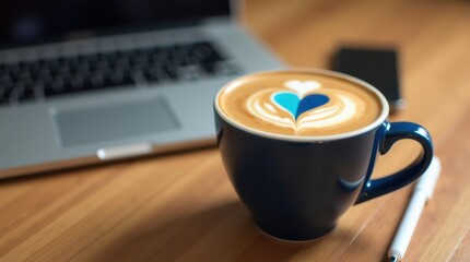 Cup of coffee with heart art and laptop on wooden desk