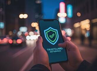 Person Holds Smartphone Displaying Cyber Security Shield Icon With Check Mark During Evening City Drive With Bokeh Lights