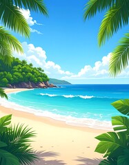 Tropical beach scene framed by palm trees
