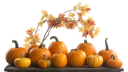 A delightful display of pumpkins and autumn leaves isolated on white background, evoking the essence of fall harvest season