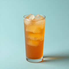 Refreshing orange soda in a tall glass with ice cubes, isolated on solid pastel background.