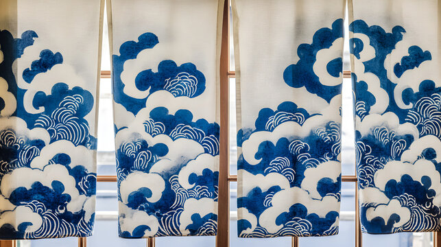 noren. A noren curtain with ukiyo-e wave patterns, fabric flowing gently in wind, indigo and white. event programs, museum guides, designed for cultural heritage projects and event programs.