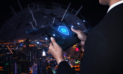 A concept of an advanced cybersecurity system. The futuristic interface shows a multi-factor authentication process using a secure password or PIN for enhanced data protection. Fermion