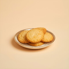 Crispy butter cookies neatly stacked on a small ceramic plate, warm beige background.