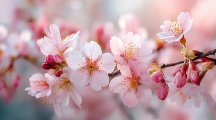 Obraz premium Soft pink cherry blossoms bloom delicately on branches against a blurred pastel background.