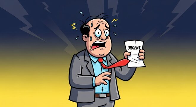 Stressed Businessman Faces Urgent Situation with Document in Cartoon Style Illustration