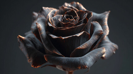 A stunning black rose with a metallic accent, against a dark backdrop, exuding elegance