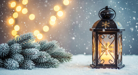 Lantern and snow-covered pine bough on snow, bokeh background, evoking festive ambiance and winter holiday, ideal for seasonal greetings or celebration