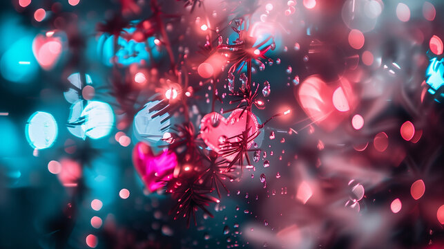 A glowing pink heart pressed against glass sparkles against the night sky, with distant city lights shimmering in the background, creating a perfect dreamy phone wallpaper.