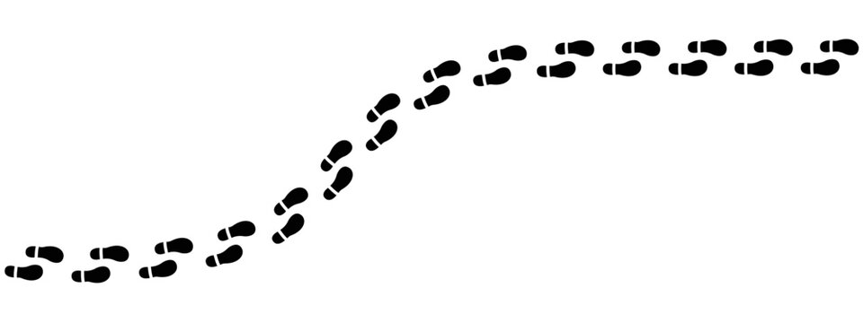 Trail of black shoe footprints following a curved path for represent tracking, search, or a winding journey