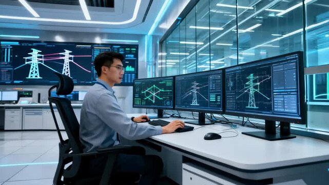 Smart control room with operators using AI predictive maintenance software to analyze utility grid data ensuring continuous power supply and reducing downtime risks.