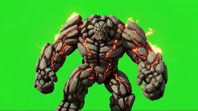 Animated rock elemental creature roars aggressively on green chroma key background