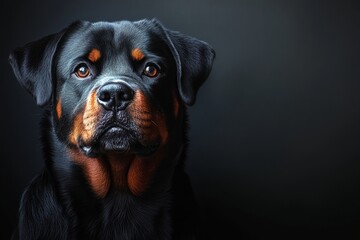 Majestic Rottweiler portrait, expressive eyes and charming demeanor on a clean gray background.