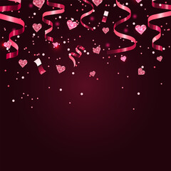 Pink Glitter Heart Confetti, Ribbon, Streamer Romantic Template Background